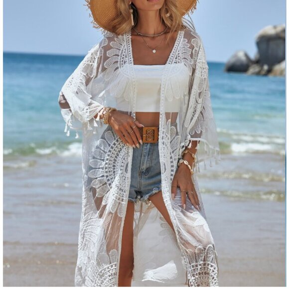 Off White Women's Lace Floral Loose Kaftan Boho Kimono Beach Cover Up Small - Picture 2 of 7